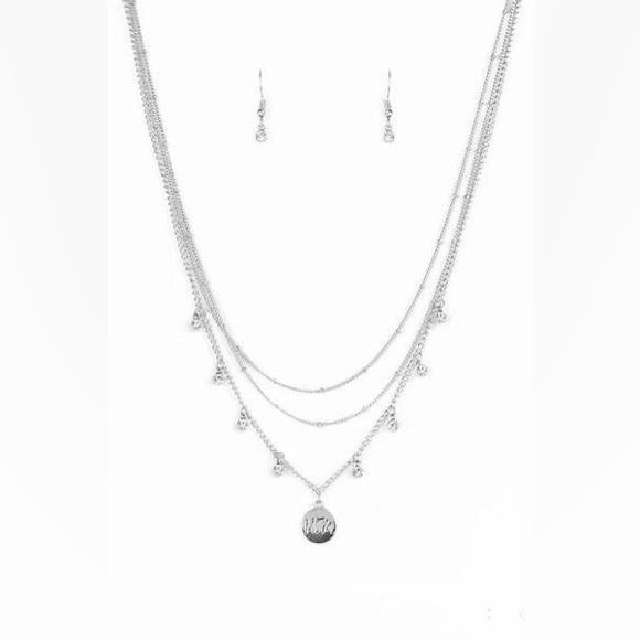 paparazzi Jewelry - Dainty multi layered silver white rhinestone shirt “Mom” necklace.
